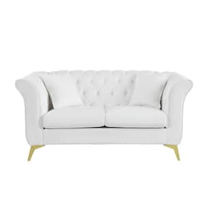 Modern 64 in W Flared Arm Velvet 2-Seat Rectangle Chesterfield Sofa Couch Tufted Button Loveseat with Pillows in White