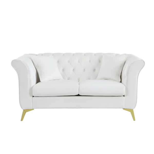 Unbranded Modern 64 in W Flared Arm Velvet 2-Seat Rectangle Chesterfield Sofa Couch Tufted Button Loveseat with Pillows in White