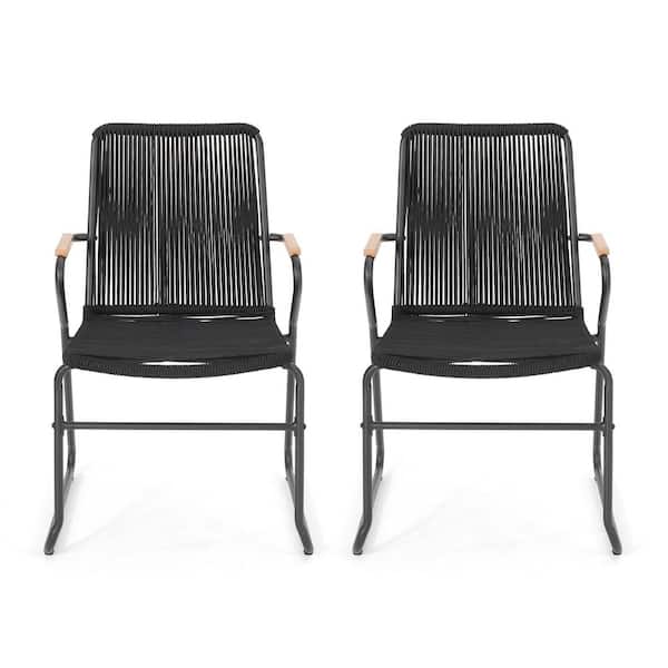 2-Piece Metal Outdoor Lounge Chair with Black Woven Rope