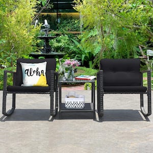 3-Piece Wicker Patio Conversation Set Rattan Chair Table Set with Black Cushions