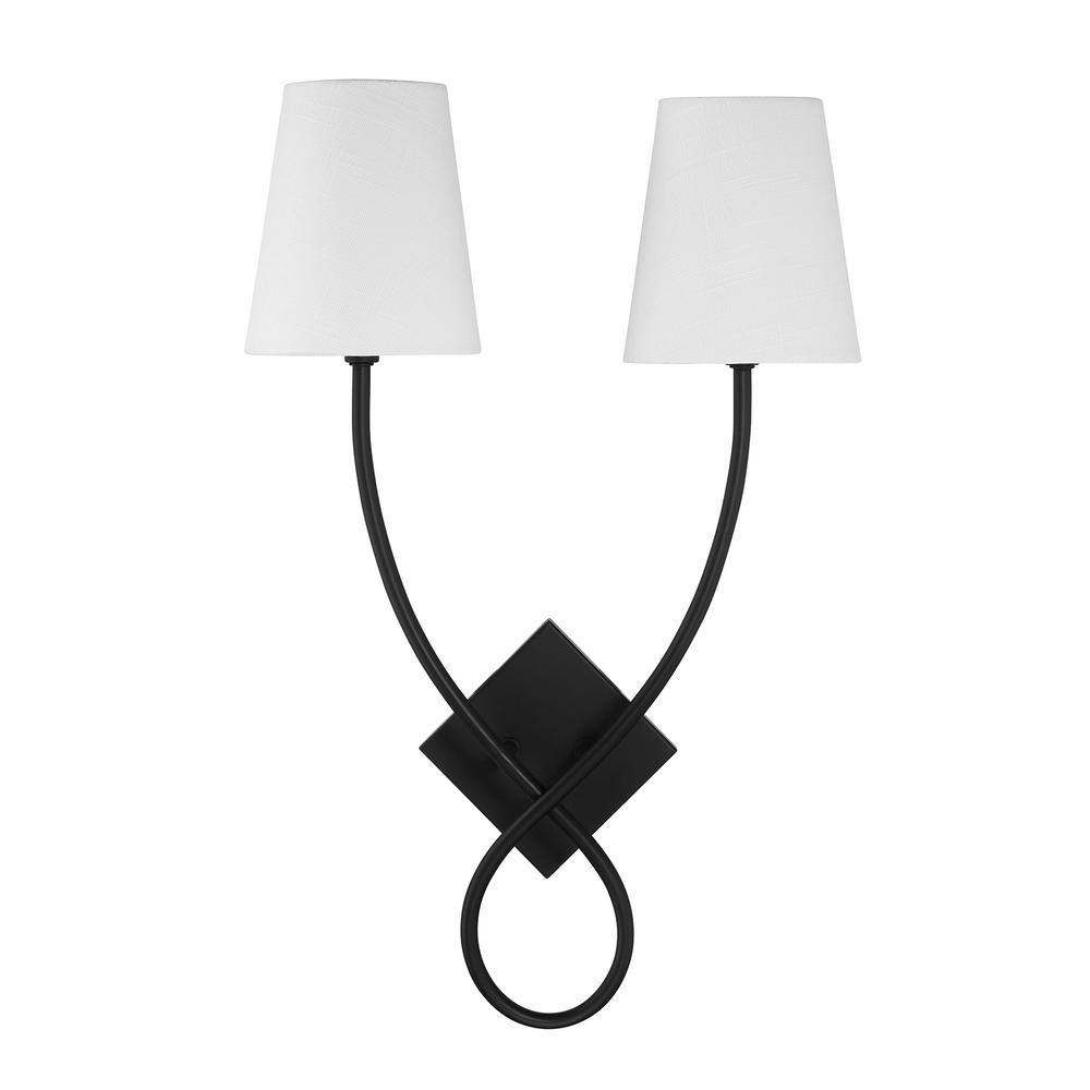 Matte Black 2-Light Wall Sconce with White Linen Shades