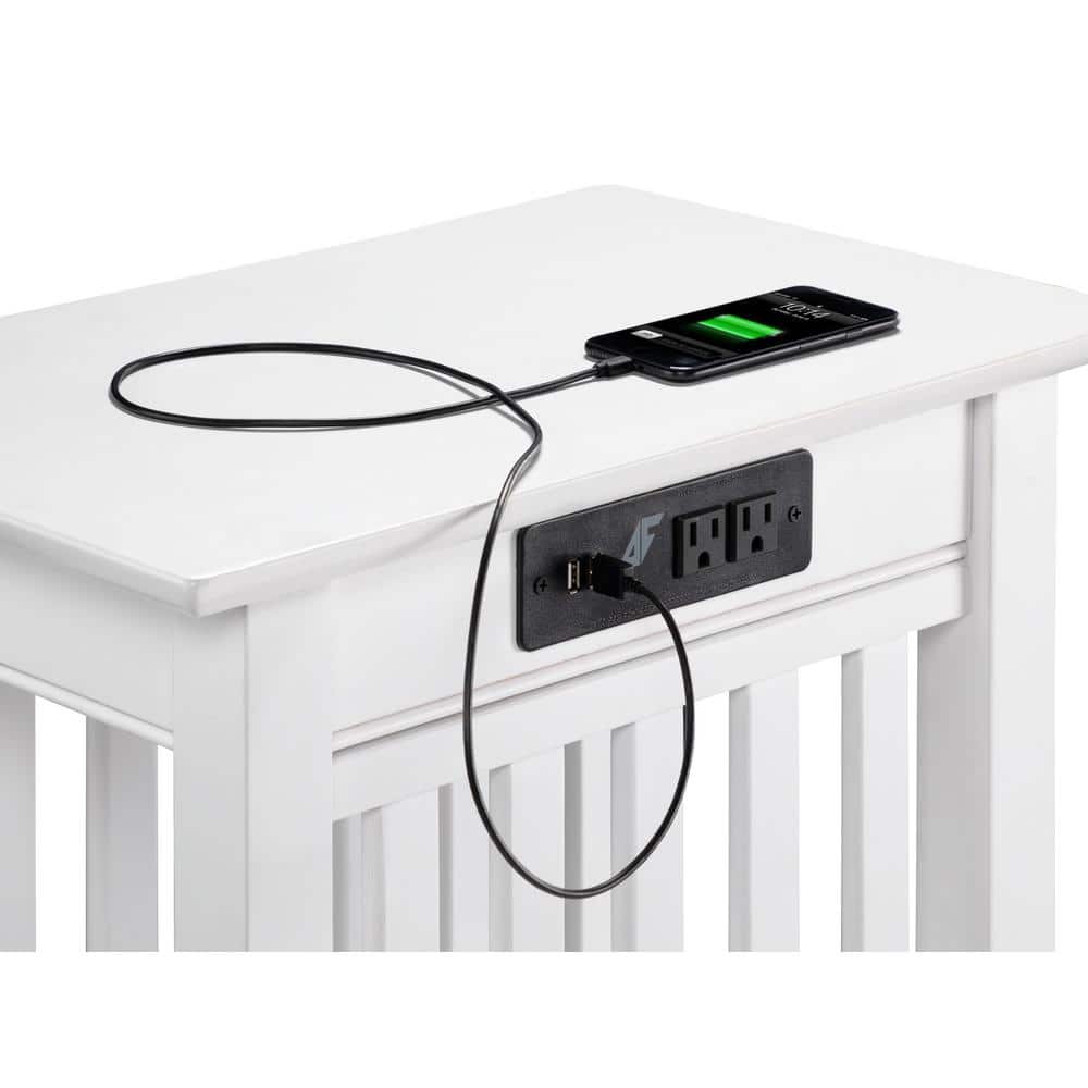 Eco-Friendly Hardwood Rectangular End Table with Charging Station in White