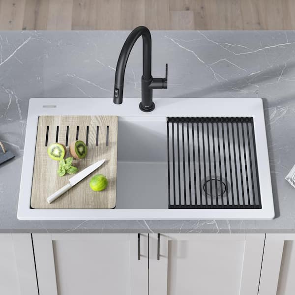 Bellucci 33" Drop-In Granite Single Bowl Kitchen Sink in White with WasteGuard Continuous Feed Garbage Disposal