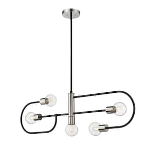 Neutra 5-Light Matte Black Plus Polished Nickel Chandelier with Glass Shade