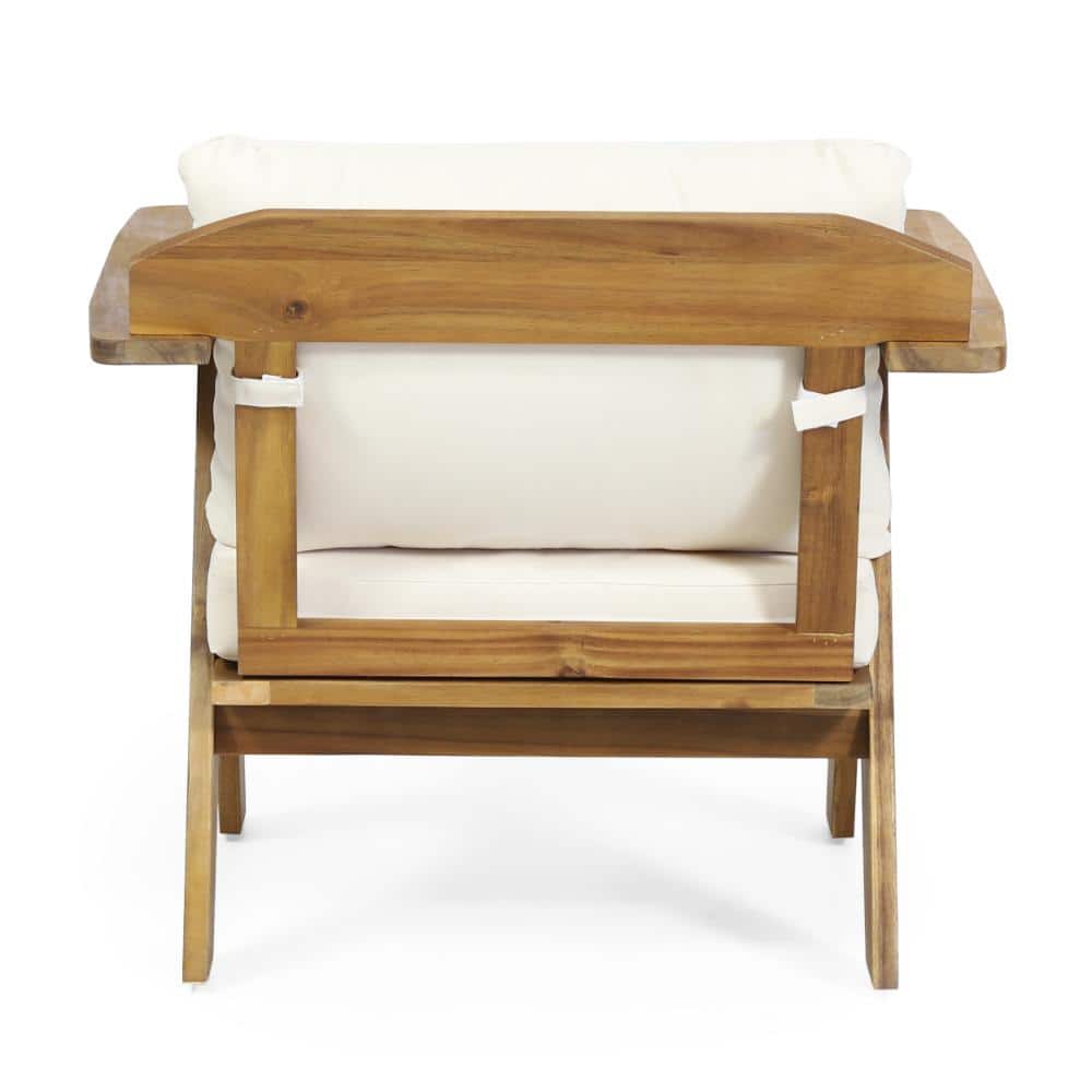 Full view of a wooden lounge chair with beige cushions on white.