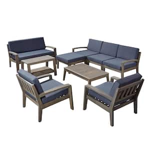 Santa Rosa Grey 9-Piece Wood Patio Conversation Sectional Seating Set with Dark Grey Cushions