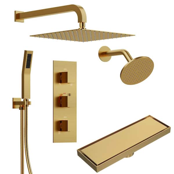 3 Handle 5-Spray Shower Faucet 2.5 GPM with Shower Drain, High Pressure, Anti Scald, Thermostatic Valve in Brushed Gold