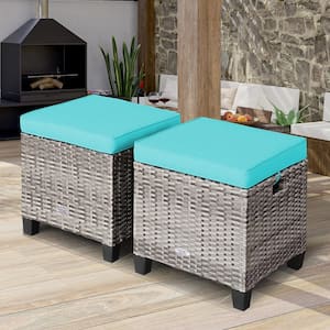 Patio Rattan Cushioned Ottoman Seat Foot Rest Table Turquoise (2-Piece)