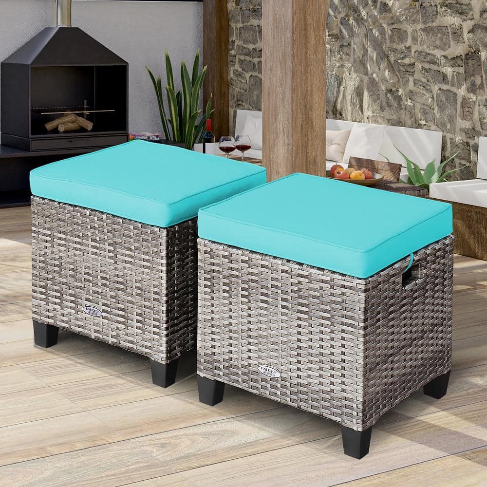 Turquoise Cushioned Rattan Outdoor Ottoman Stool Set