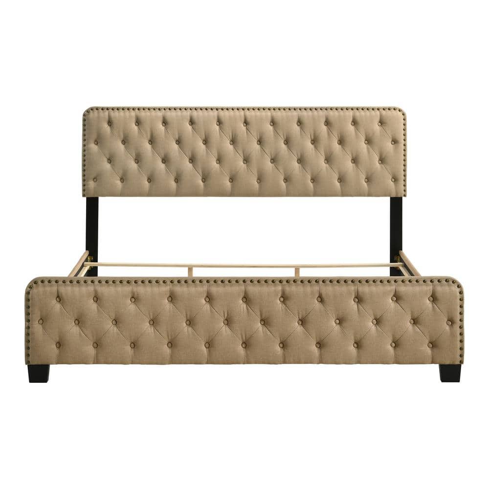 Regal King Brown Upholstered Platform Bed with Nailhead Trim