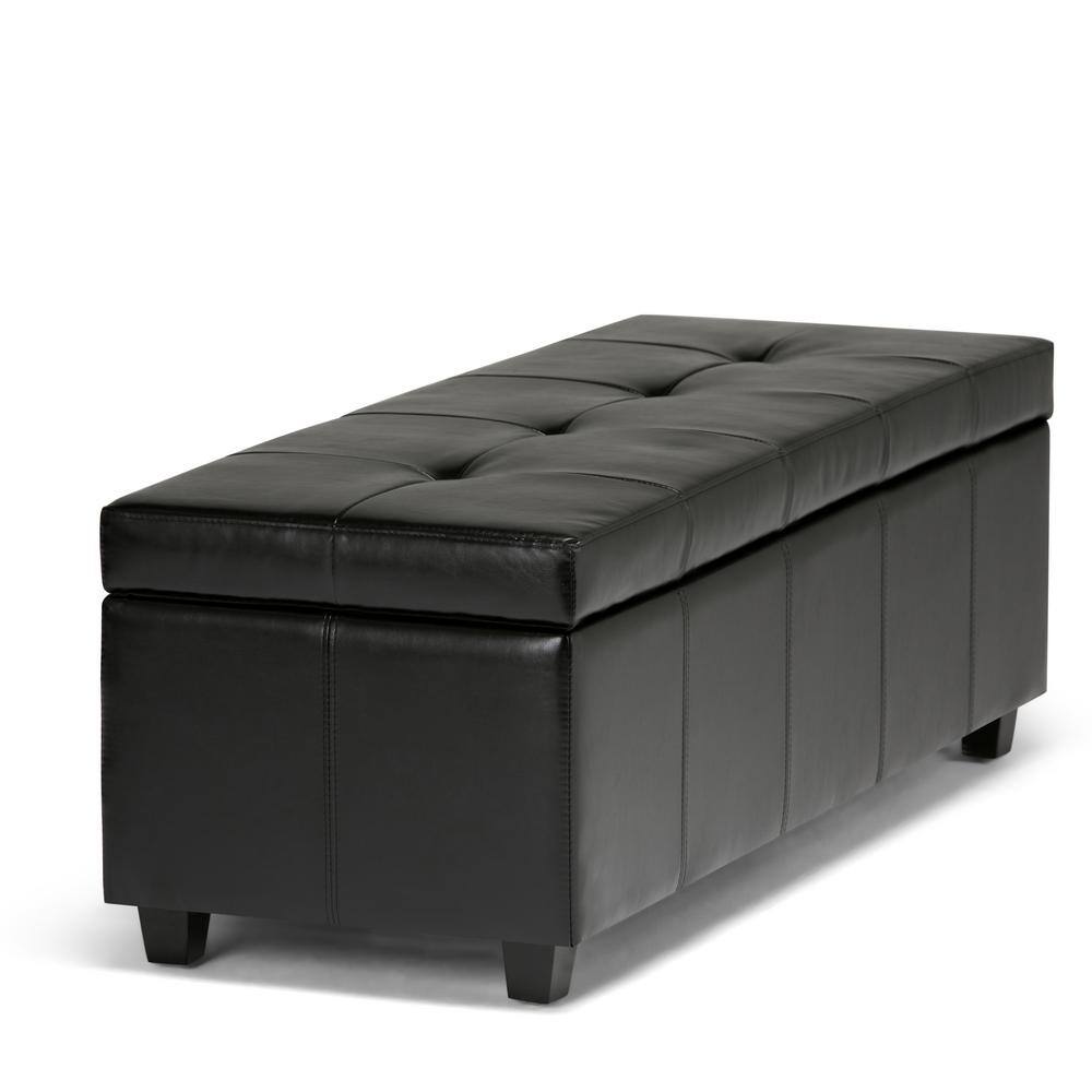 Midnight Black Bonded Leather Tufted Storage Ottoman Bench