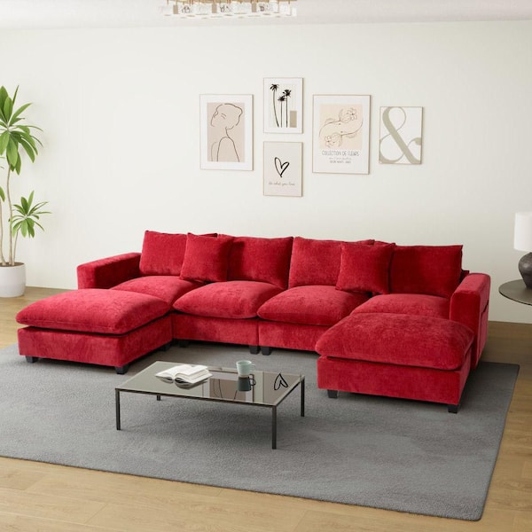 Lucca 128 in. Square Arm 6-Piece Plush Chenille Modular Sectional Sofa Ottoman Set with USB Charge Port in Red