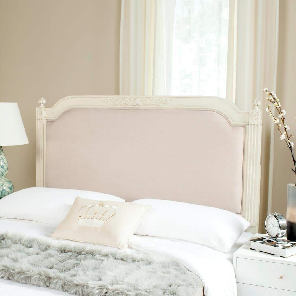 Beige Linen Upholstered Queen Headboard with Carved Wood Accents