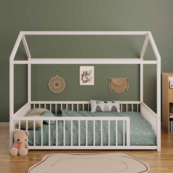 White Metal Frame Full Platform Bed with Fence for Kids and Toddlers