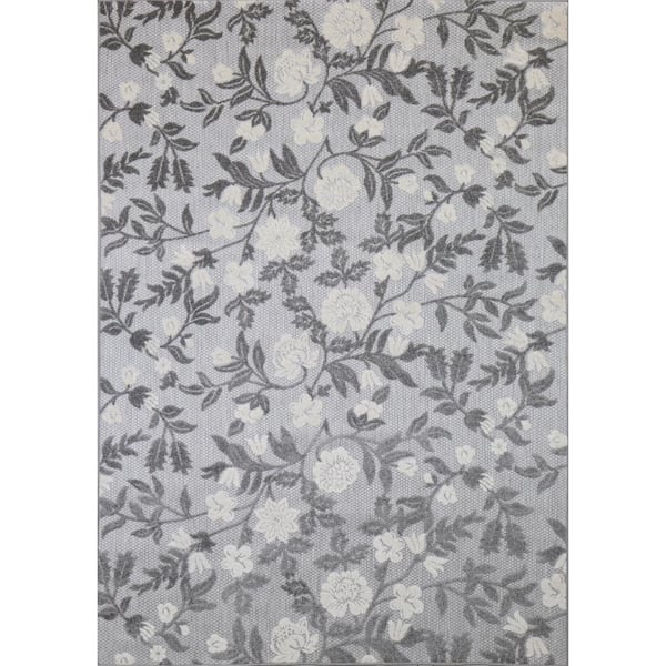 Veranda Gray Floral Leaf Waterproof Plastic Outdoor Area Rug