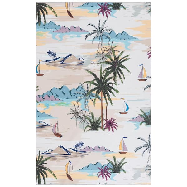 SAFAVIEH Malibu Ivory/Taupe  8 ft. x 10 ft. Machine Washable Tropical Area Rug