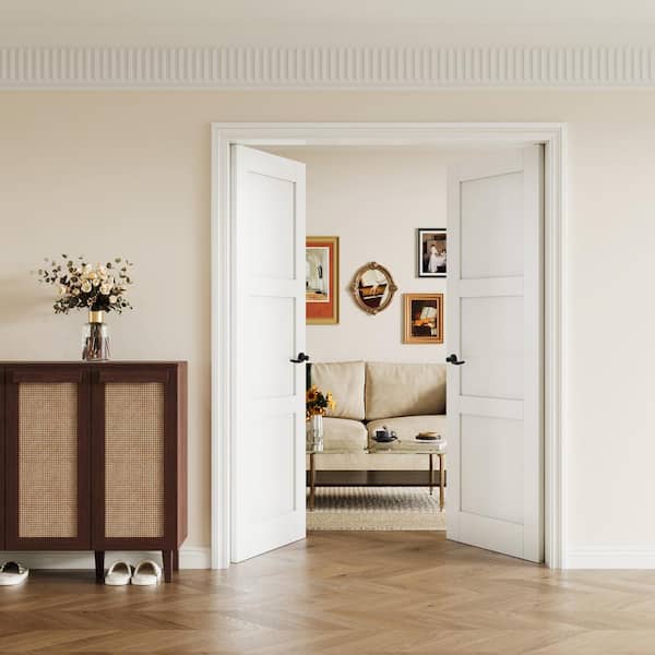 64 in. x 96 in. 3-Paneled Blank White Solid Core Wood Universal Double Prehung Interior French Door+ Quick Assemble Jamb
