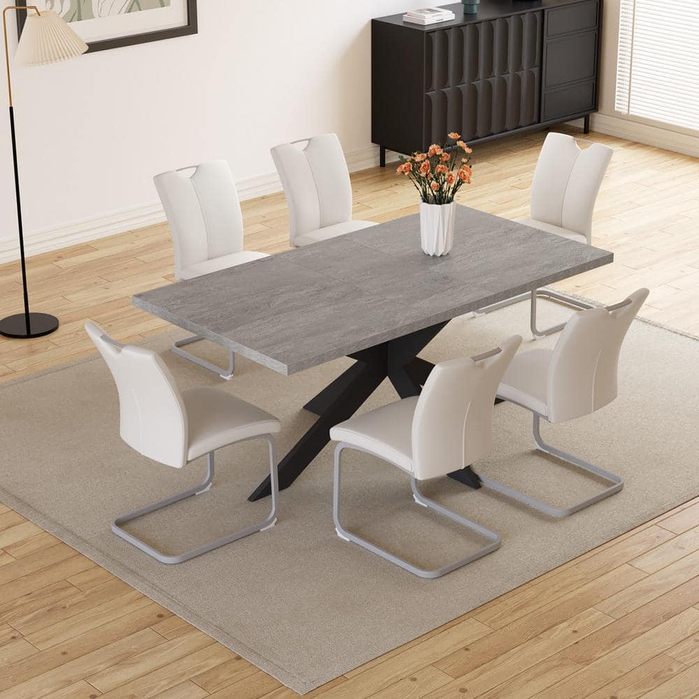 Modern 7-Piece Extendable Rectangle Gray MDF Top Dining Room Set Seating 4-6 People 66.9 in. w/6-White U-shaped Chairs -  GOJANE, PP036895LWYAAA