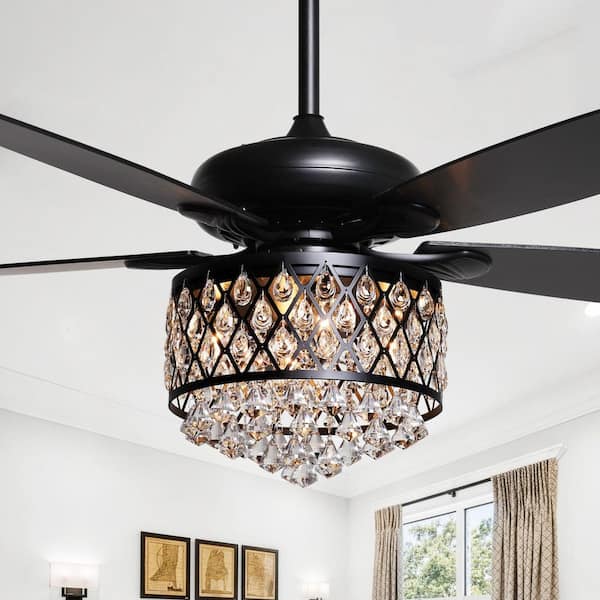 Berkshire 52 in. Crystal Downrod Mount Black Ceiling Fan With Light Kit and Remote Control