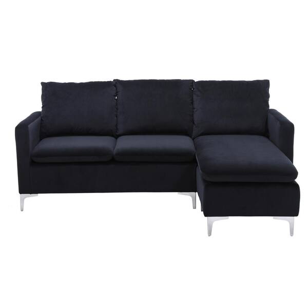 Boyel Living Black Velvet 3-Seater L-Shaped Reversible Sectional Sofa with Metal Legs