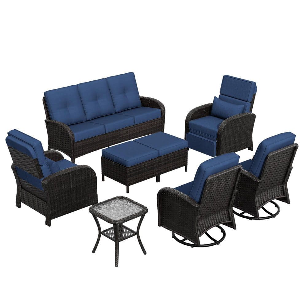 8-Piece Brown Wicker Patio Conversation Set Adjustable Recliner Chair with Sofa, Rocking Chairs and Blue Cushions price history on PriceWatchPro