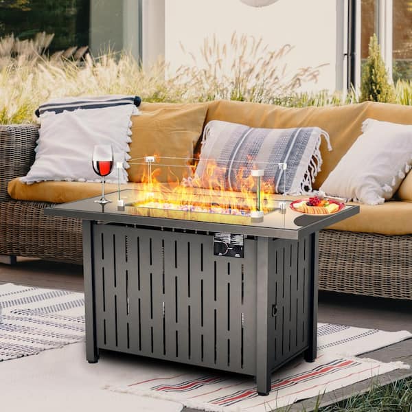 Cesicia 50000 BTU 42.9 in. W Metal Black Outdoor Propane Fire Pit Table with Glass Wind Guard, Lid, Rain Cover