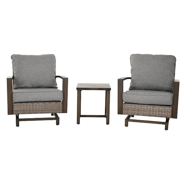 Clihome 3-Piece Patio Conversation Bistro Set with 2 x PE Wicker Rocker Chair, Side Coffee Table and Gray Cushion