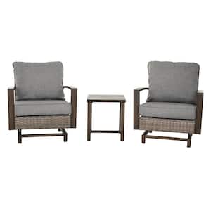 3-Piece Patio Conversation Bistro Set with 2 x PE Wicker Rocker Chair, Side Coffee Table and Gray Cushion