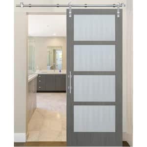 36 in. x 84 in. 4-Lite Driftwood Clear Coat Interior Sliding Barn Door with Round Stainless Steel Hardware Kit