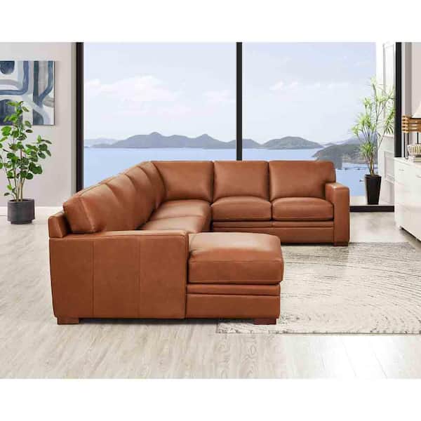 Dillon Sectional 136 in. W Square Arm 4-Piece Leather Lawson Sectional Sofa in Brown with Left Facing Chaise