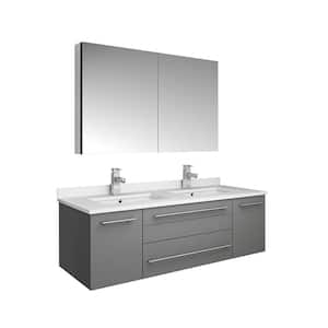 Lucera 48 in. W Wall Hung Vanity in Gray with Quartz Double Sink Vanity Top in White with White Basins, Medicine Cabinet
