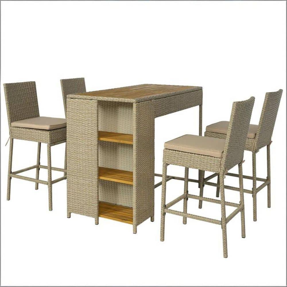 Beige Brown Natural Wood 5-Piece Wicker Bar Height Outdoor Serving Bar Set with Cushions and Storage price history on PriceWatchPro