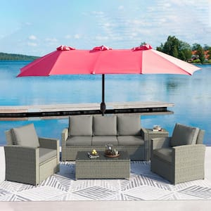 Gray 5-Piece Rattan Patio Sectional Conversation Set with Cushions and 2 Tables