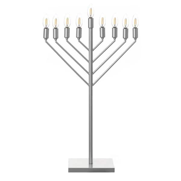 Large Modern Antique Silver Nine Branch Electric Chabad Style Hanukkah Menorah with Flame Shaped LED Light Candles