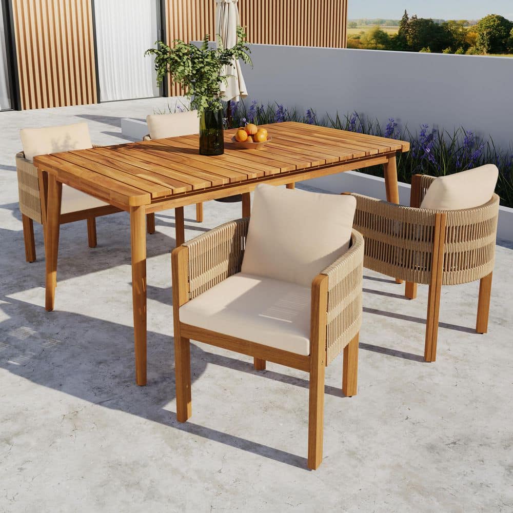 Cain 5-Piece Teak Finish Solid Wood and Brown Rope Weave Patio Outdoor Dining Set with Beige Cushions, Curved Arm Chairs