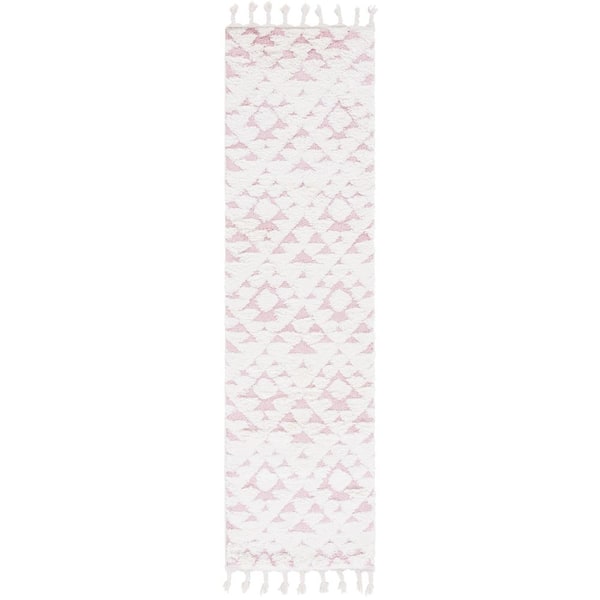 Moroccan Tassel Shag Ivory/Pink 2 ft. x 6 ft. High-Low Geometric Fringe Runner Rug