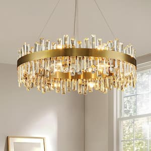 31.5 in. Modern 16-Light Brass Gold Crystal Chandelier Circle Round 2-Tiers Chandelier for Dining Living Room Bedroom