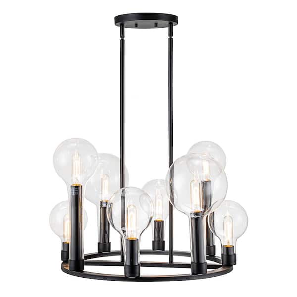 HUOKU Honor 8-Light 29.6 in. W Black Circle; Globe; Cluster Wagon Wheel Chandelier with Clear glass for Dining/Living Room