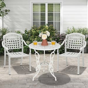 2pcs White Patio Cast Aluminum Armrest Chairs Stackable Outdoor Dining Chairs