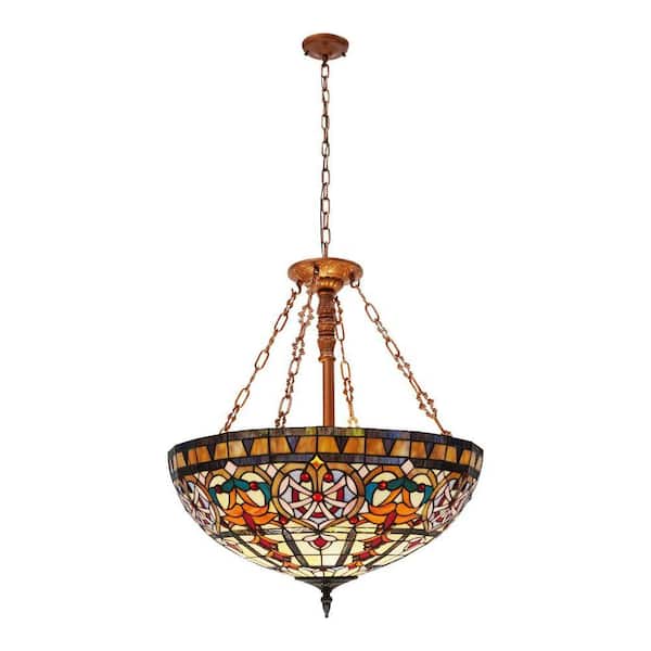 4-Light Colorful Retro Pendant Light with Stained Glass Shade and Adjustable Chain for Living Room, No Bulbs Included