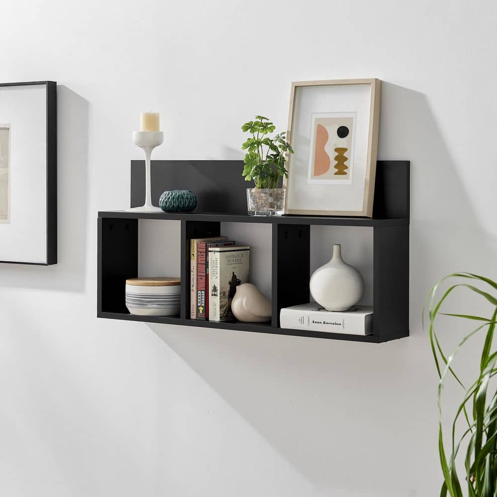 Black MDF 34" Floating Cube Wall Shelf with Display Ledge
