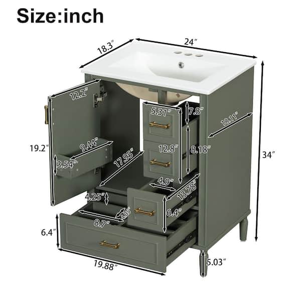 Virubi 24 in. W Olive Green Bath Vanity with White Ceramic Top, 3
