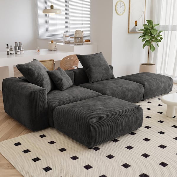 J&E Home 129.92 in. Square Arm 4-piece L Shaped Corduroy Sectional Sofa in. Black with Ottoman
