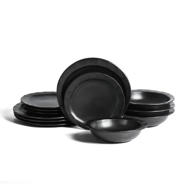 Oasis 12-Piece Black Stoneware Full Set (Service for 4)