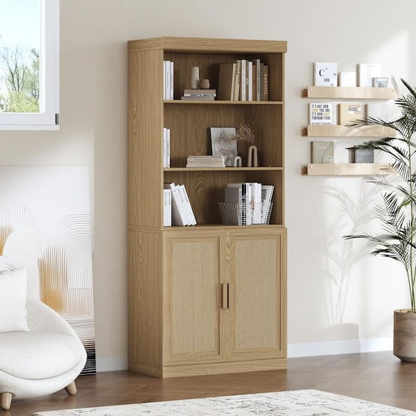 72 in. Tall Natural Wood 4-Shelf Standard Bookcase with Adjustable Shelves, Doors Storage