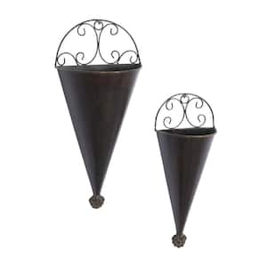 15in. Medium Black Metal Scroll Indoor Outdoor Cone Wall Planter (2- Pack)