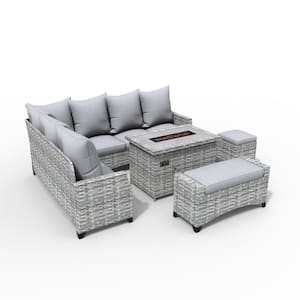 Anemone Gray 5-Piece Wicker Patio Fire Pit Conversation Sofa Set with Gray Cushions