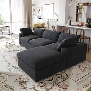 118 in. Square Arm 4-Piece Linen L-shaped Sectional Sofa Cloud Couch in Black with Ottoman