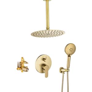 3-Spray Patterns with 2.5 GPM 12 in. Ceiling Mounted Dual Shower Heads Shower System Mix Set in Brushed Gold