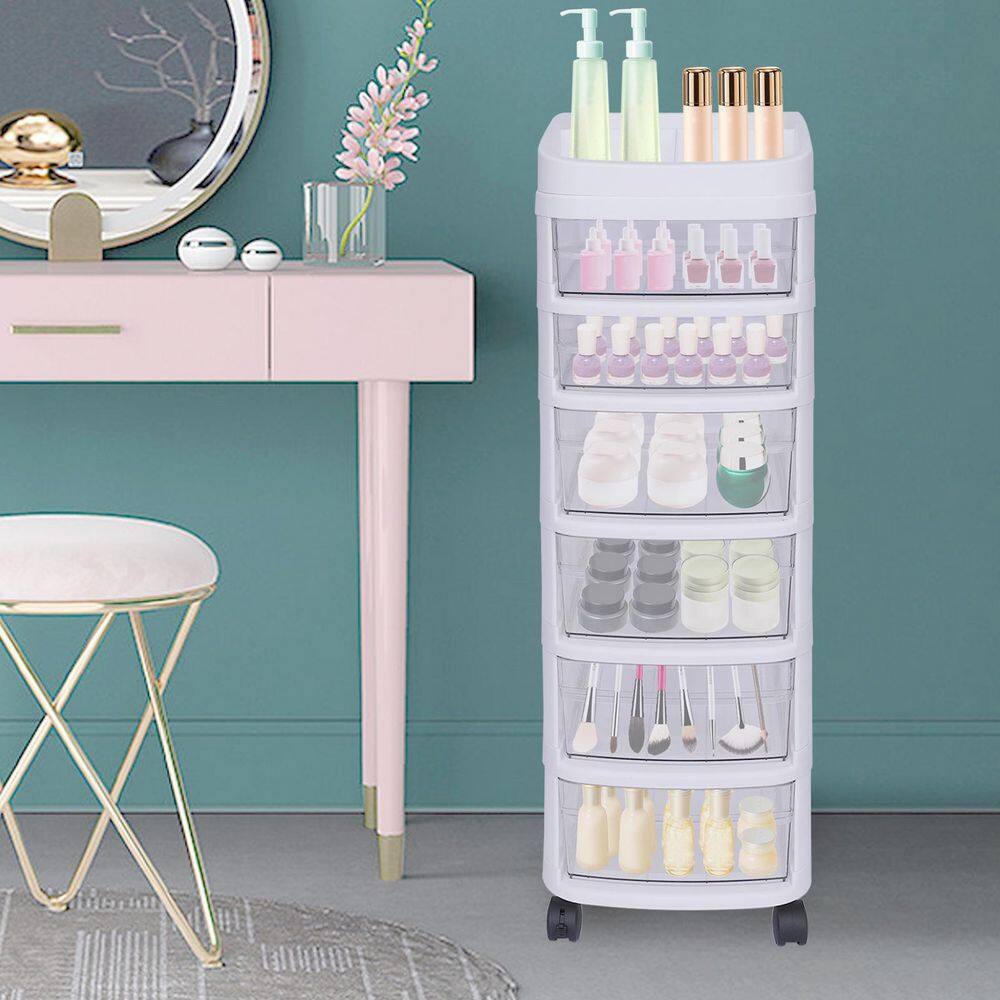 White 6-Tier Plastic Rolling Storage Cart with Clear Drawers